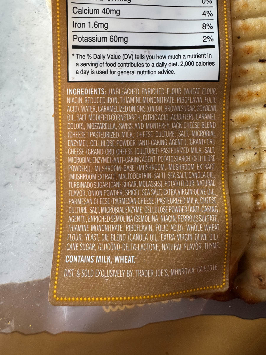 ingredients list on the plastic package