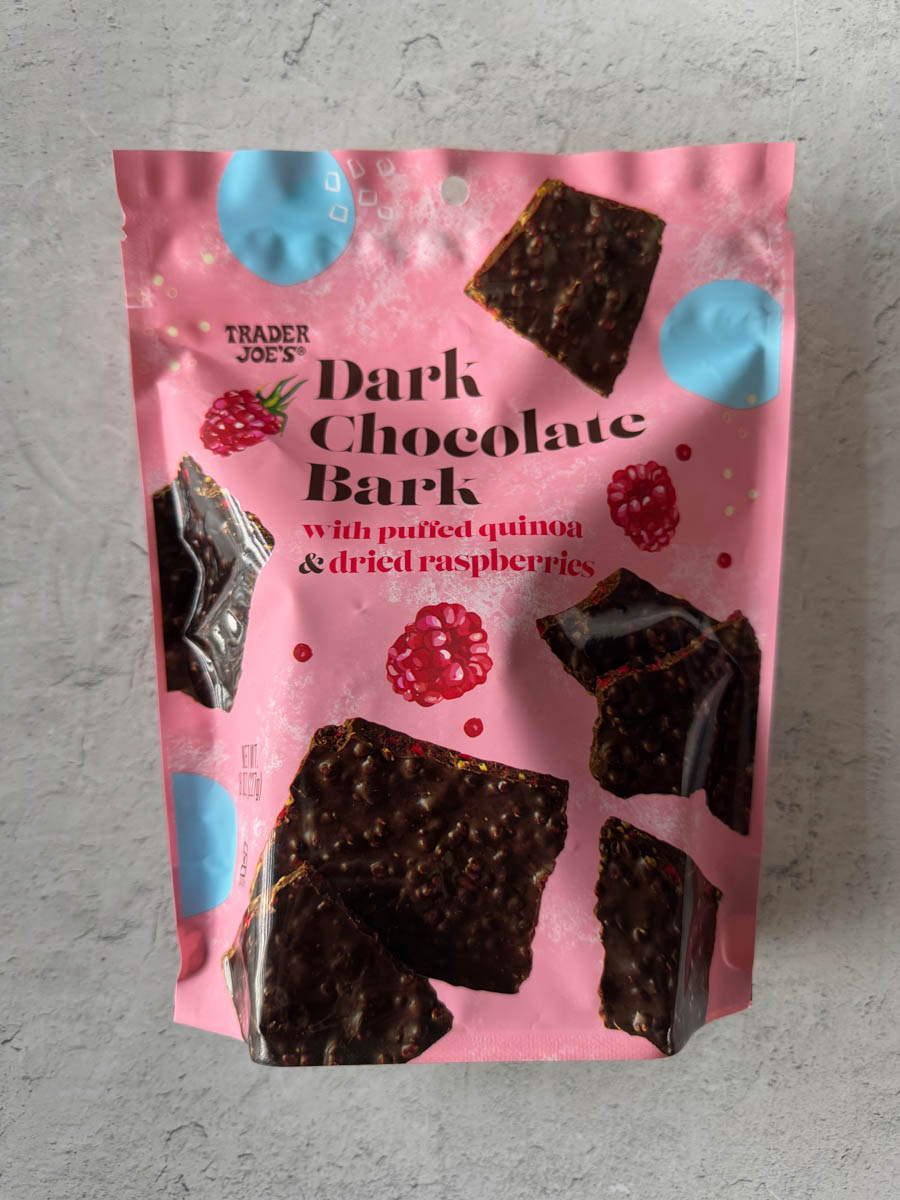 dark chocolate bark from trader joe's on the table