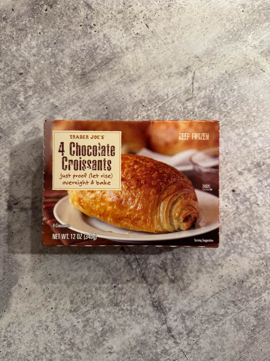 front of the package of 4 chocolate croissants from trader joe's