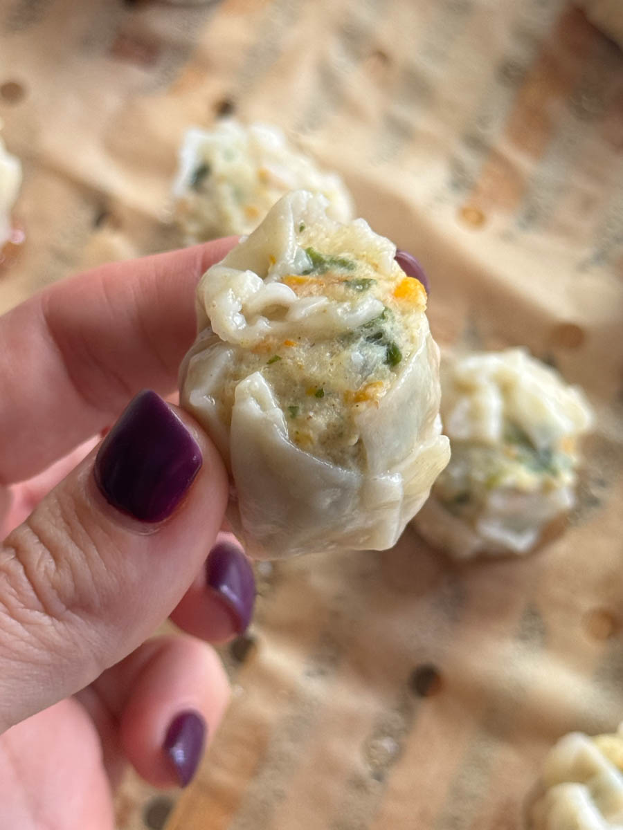 holding a piece of shu mai in hand