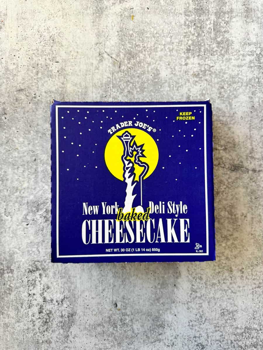 blue box of trader joe's cheesecake
