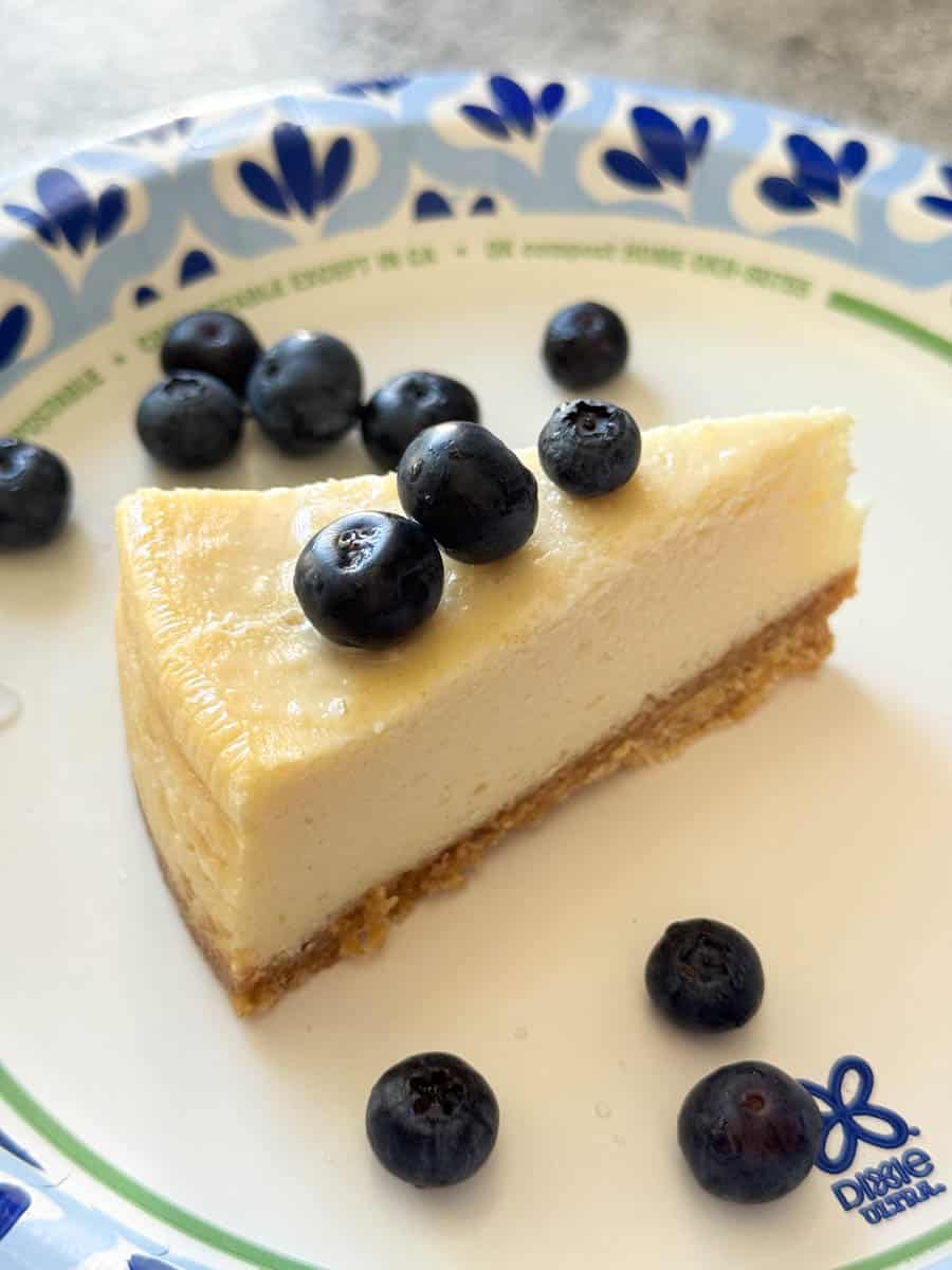a slice of cheesecake with blueberries