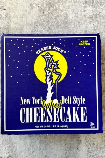 blue box of trader joe's cheesecake