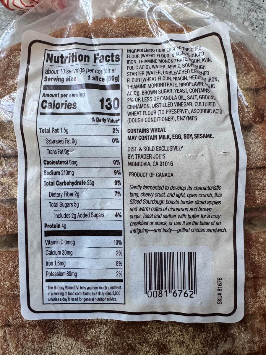 nutrition facts of apple bread
