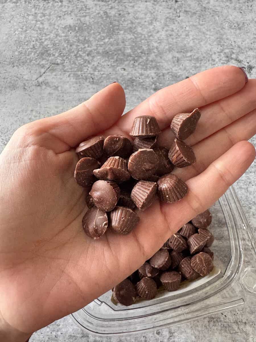 a scoop of mini peanut butter bites in hand