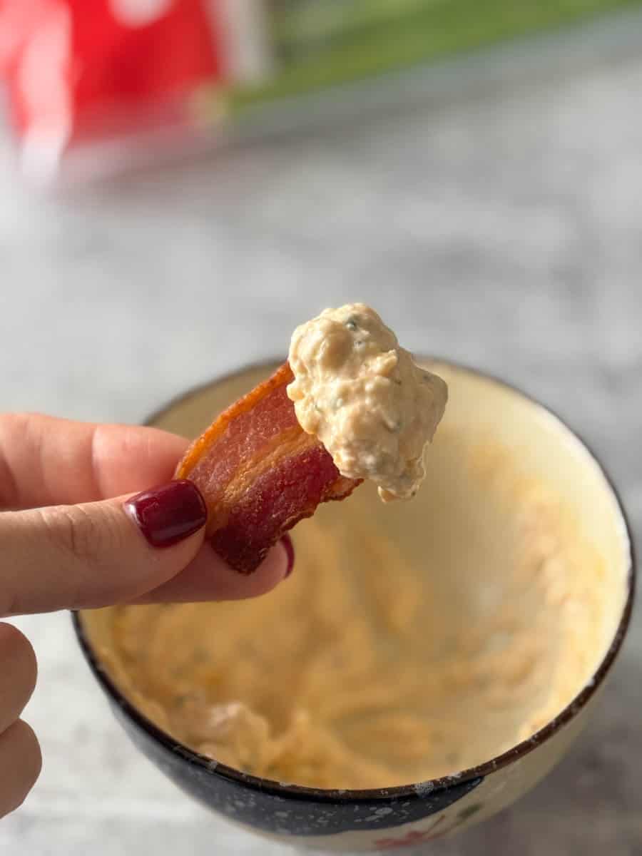 dipping into trader joe's chicken bacon dip