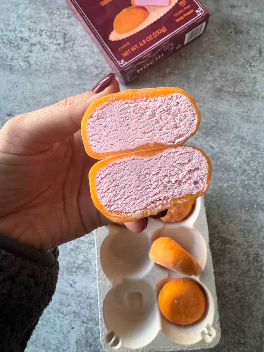 blood orange mochi cut in half