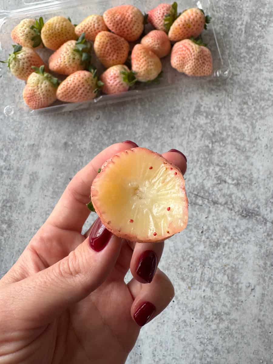 a bite of a pineberry
