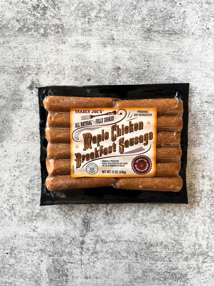 trader joes chicken sausage package on the table
