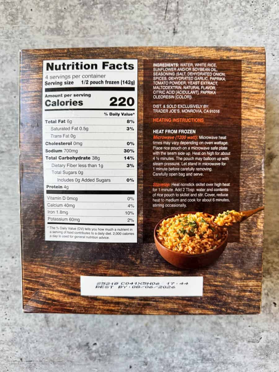 nutrition facts on the back of the box