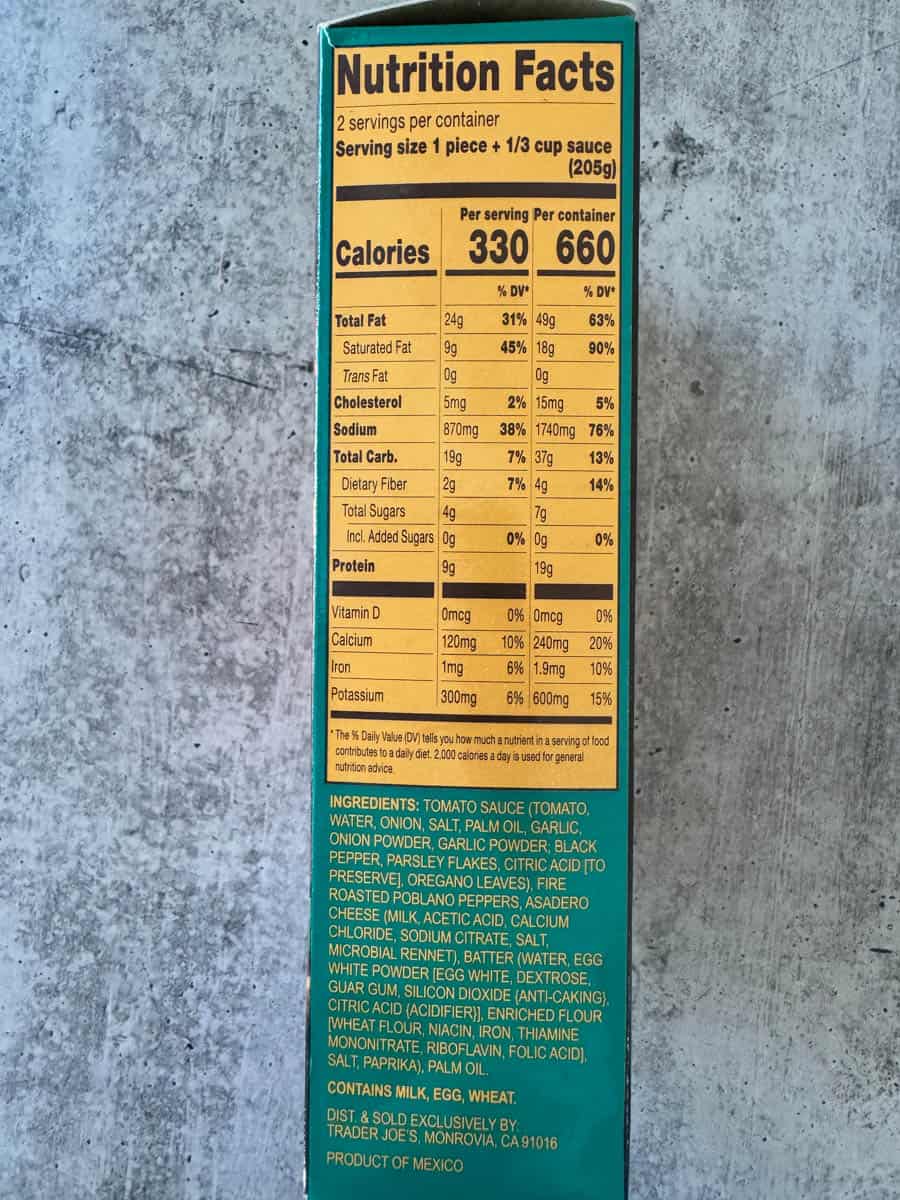 nutrition facts on the box