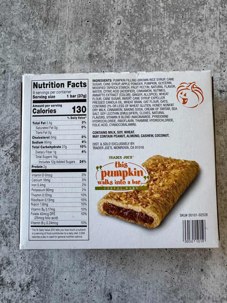 nutrition facts on the box