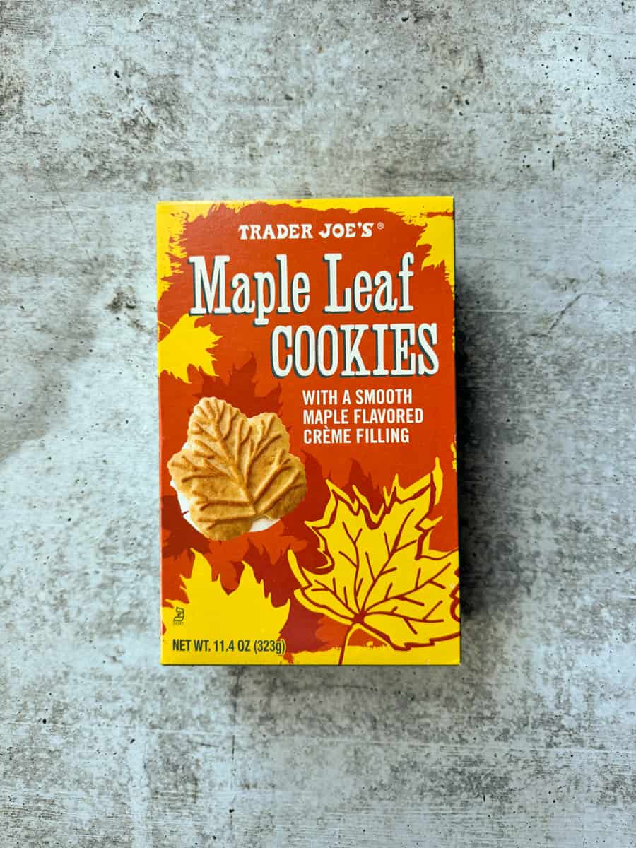 trader joe's maple leaf cookies box on the table