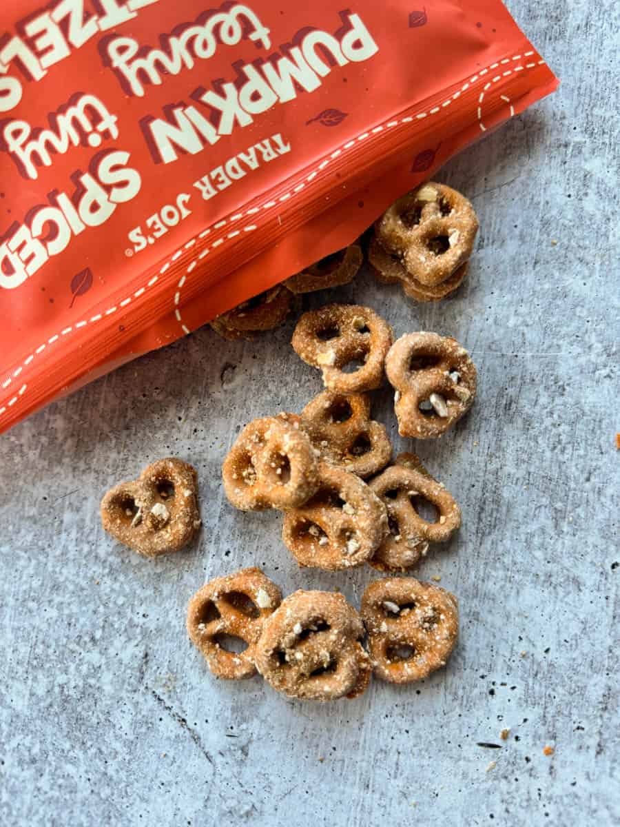 trader joe's pumpkin spice pretzels on the table