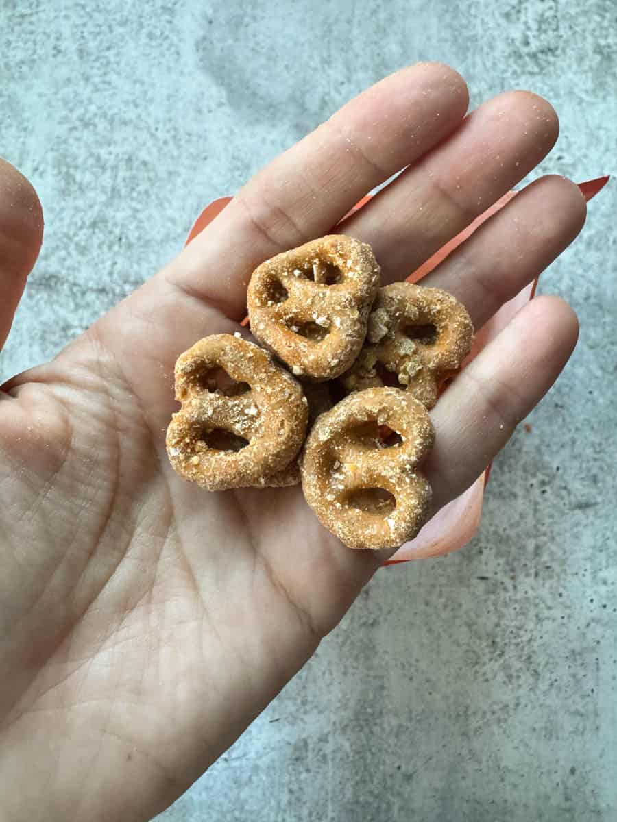 trader joe's pumpkin spice pretzels in hand