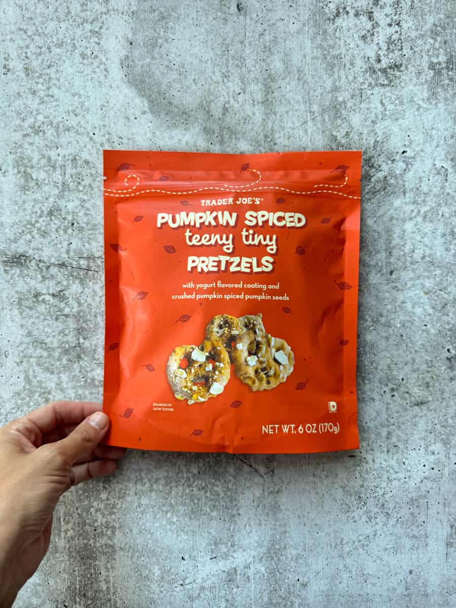 trader joe's pumpkin spice pretzels bag on the table