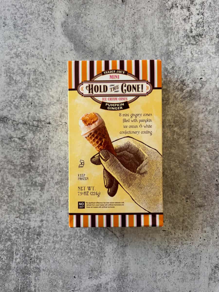 hold the cone pumpkin ginger ice cream cones box from trader joe's