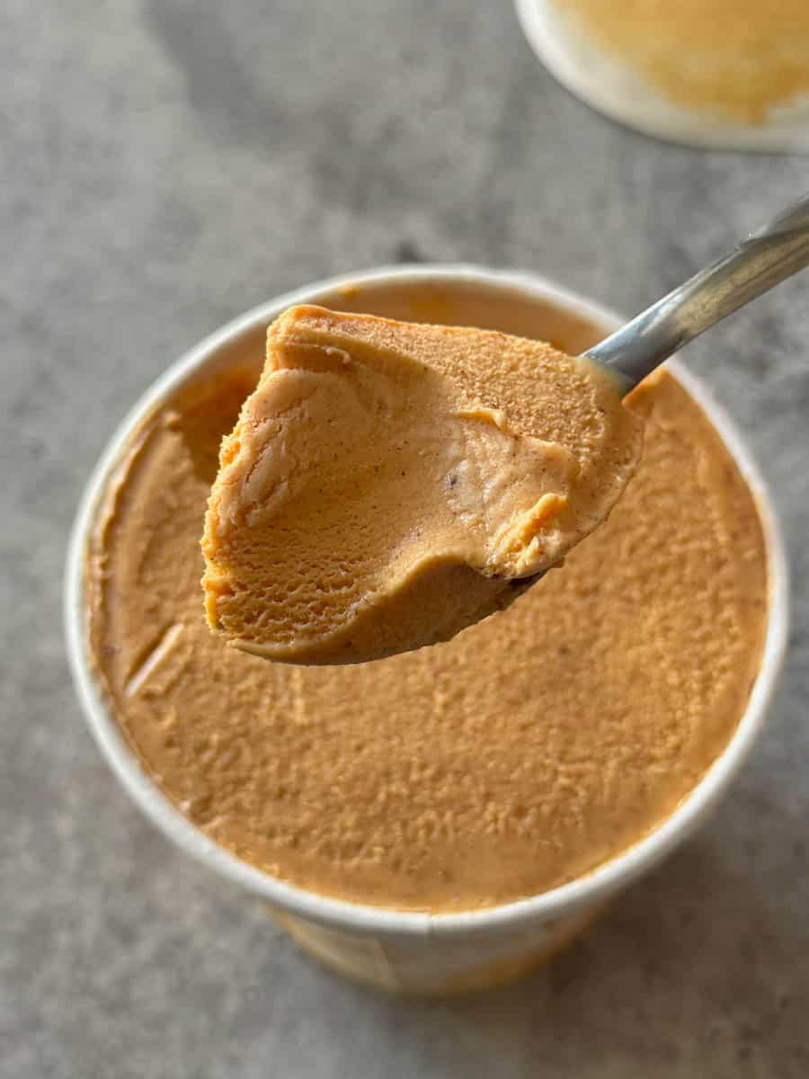 a scoop of pumpkin ice cream from trader joe's