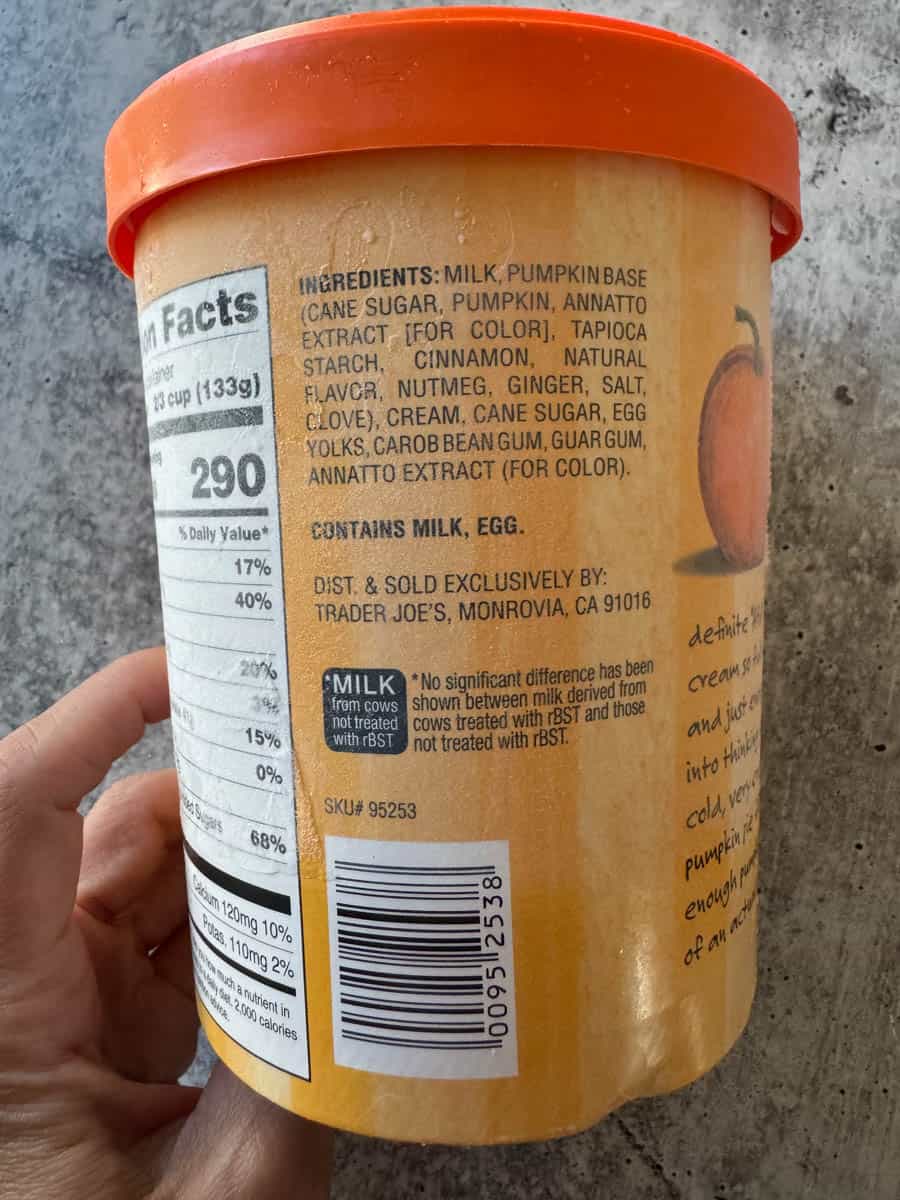 ingredients of pumpkin ice cream on the tub