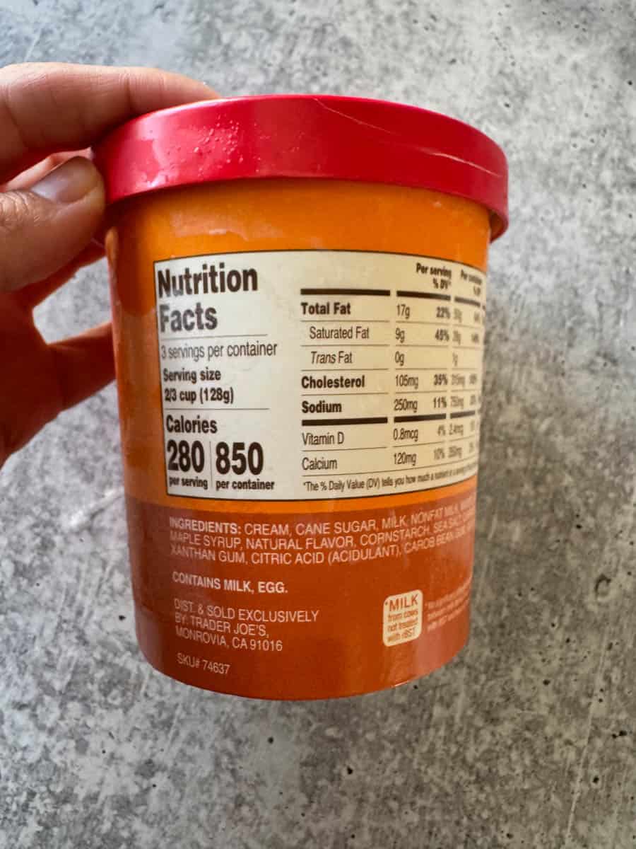 nutrition facts on the ice cream tube