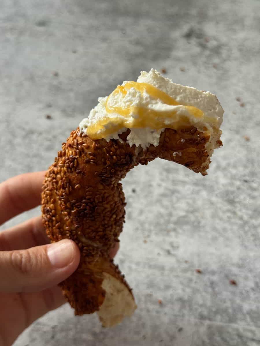simit dipped in cream cheese and honey