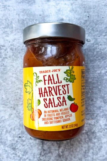 trader joe's fall harvest salsa jar on the table