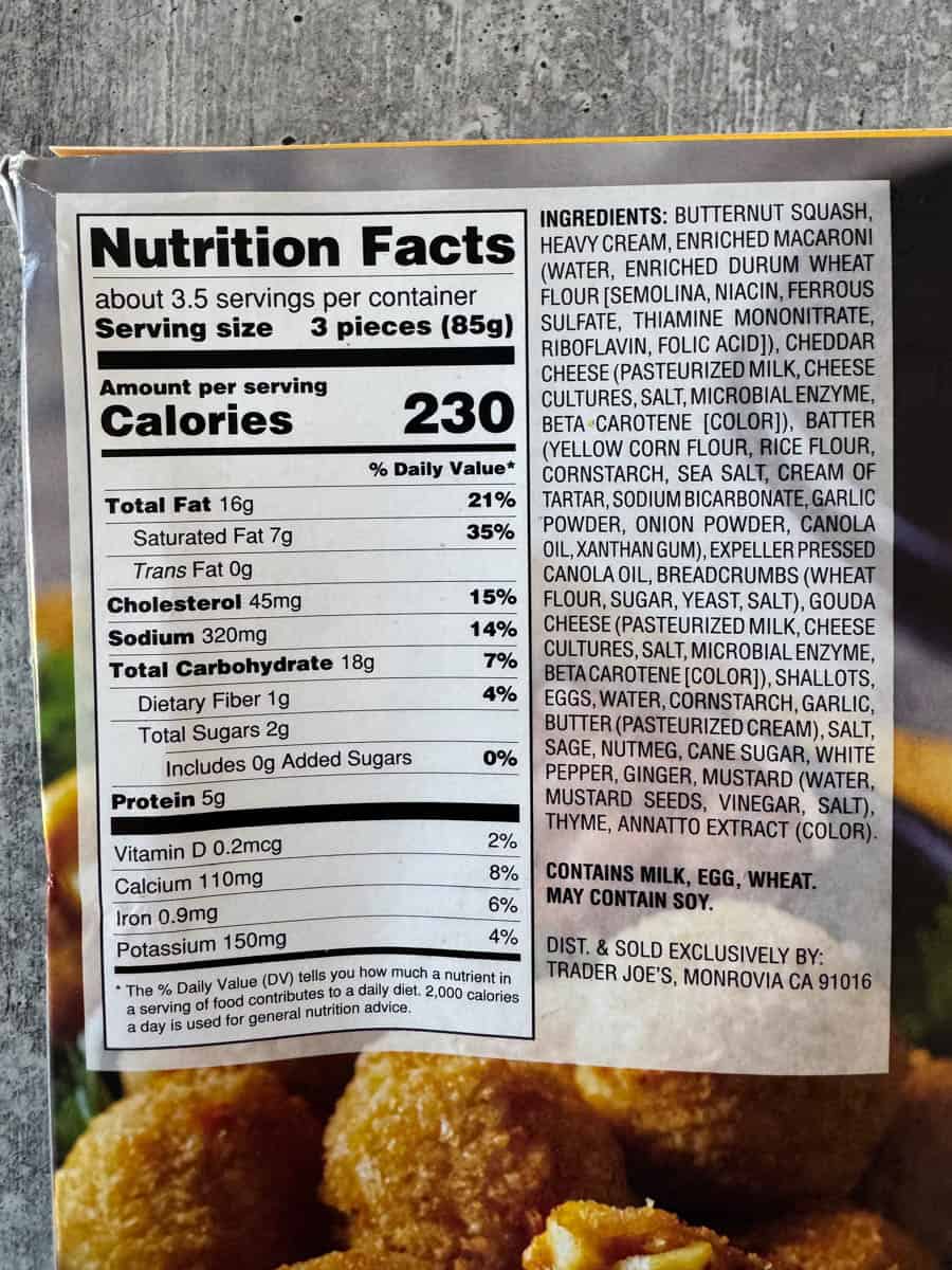nutrition facts on the back of the box