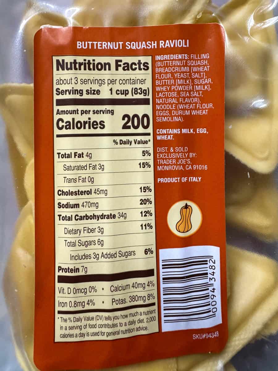 butternut squash ravioli nutrition facts