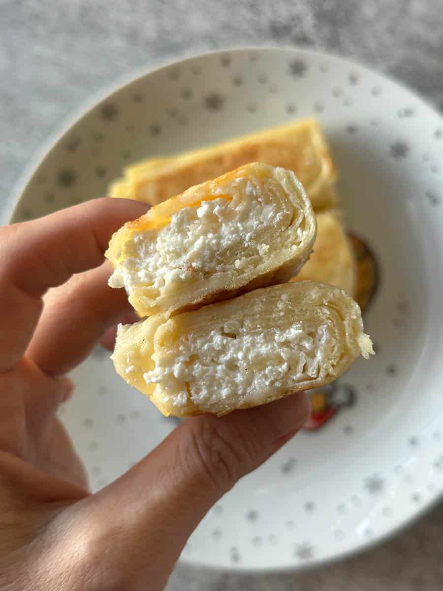 cottage cheese filled crape cut in half