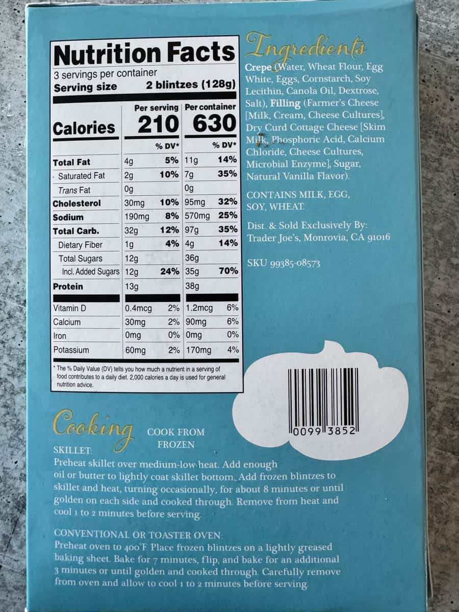 nutrition facts on the back of the box