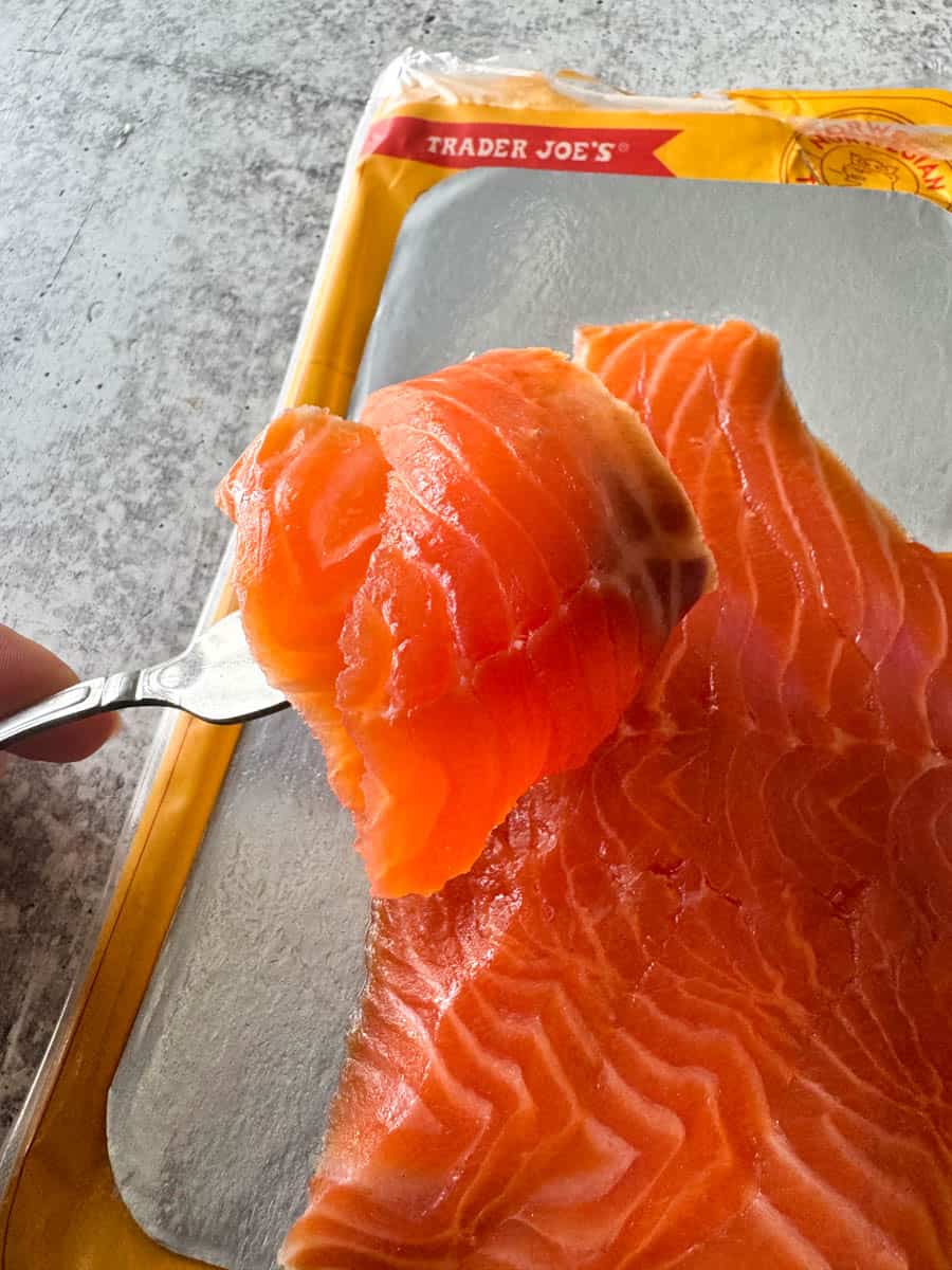smoked salmon on the fork
