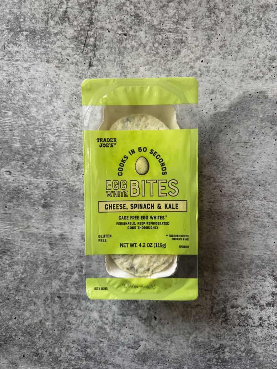 Trader Joe's Egg Bites with cheese, spinach, and kale in green packaging.