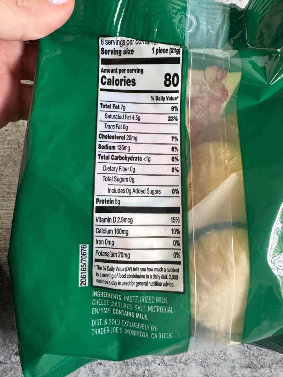 Close-up of Trader Eats cheese snack bag with nutrition facts label.