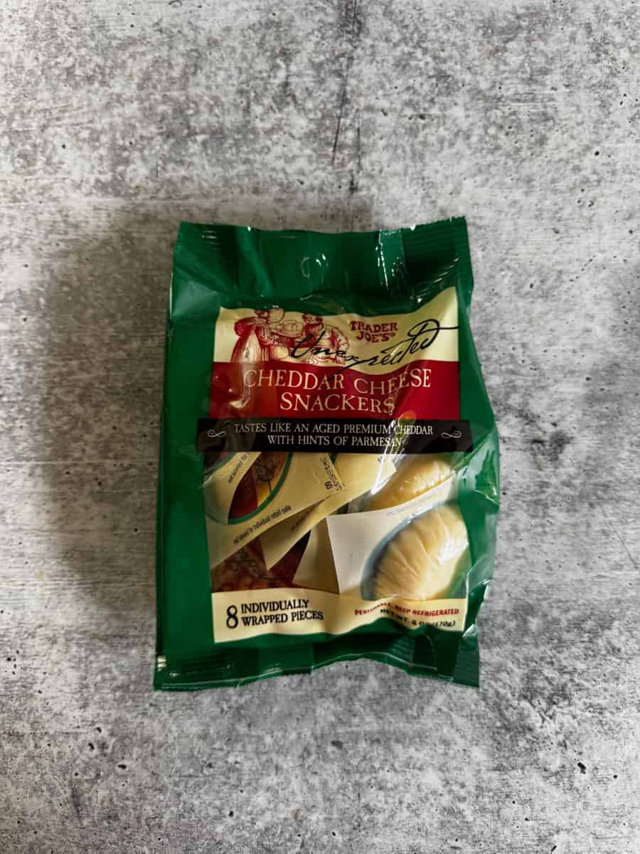 Pack of Trader Eats Cheddar Cheese Snackers, individually wrapped cheese snacks.