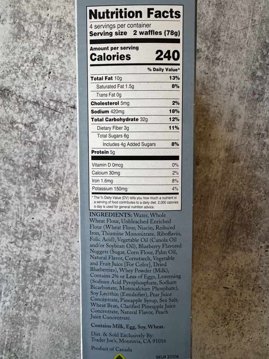Nutrition facts label for Trader Eats waffles, showing calorie, fat, carbohydrate, protein, and ingr.