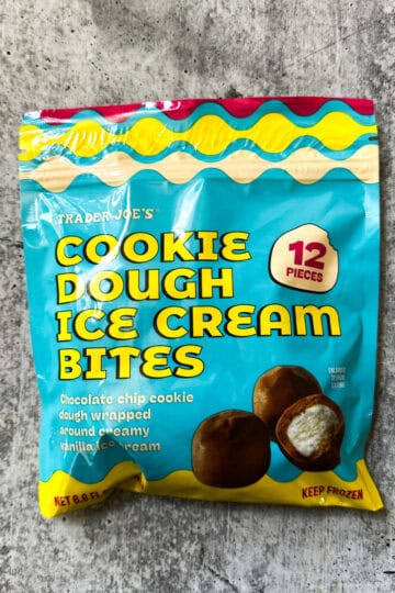 Trader Eats cookie dough ice cream bites, chocolate chip flavor, 12 pieces, frozen snack.