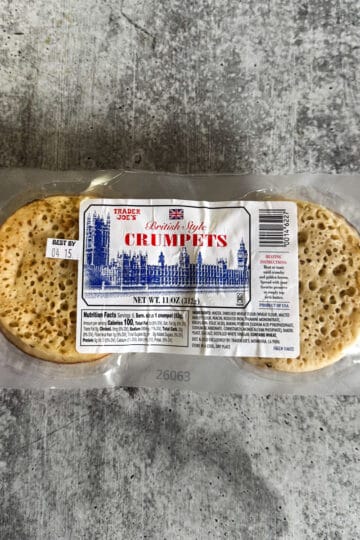 Pack of Trader Eats British Style Crumpets on a gray surface.
