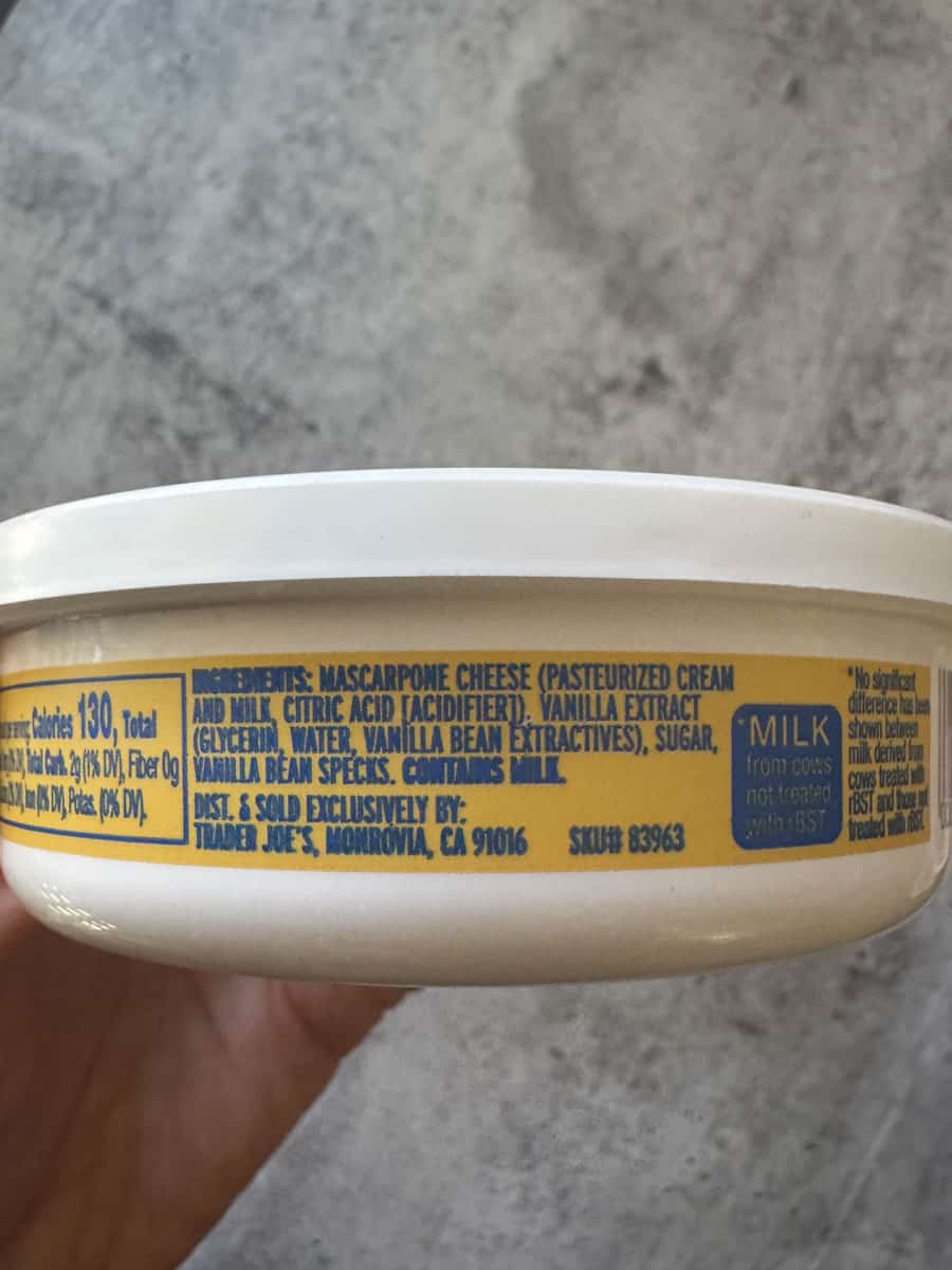 Mascarpone cheese container with ingredients listed, from Trader Eats.