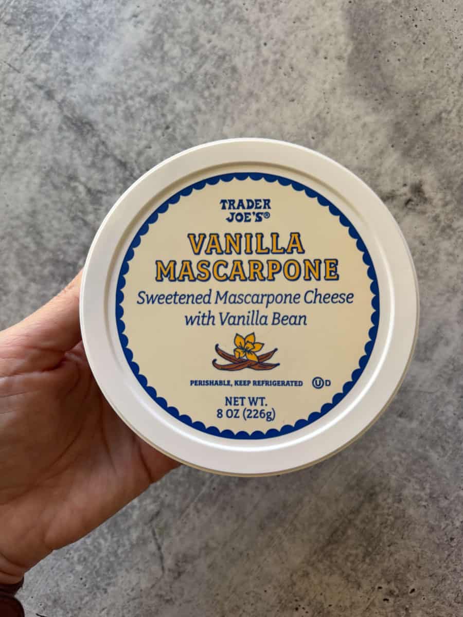 Vanilla Mascarpone cheese spread in an 8 oz container, perfect for desserts and snacks.