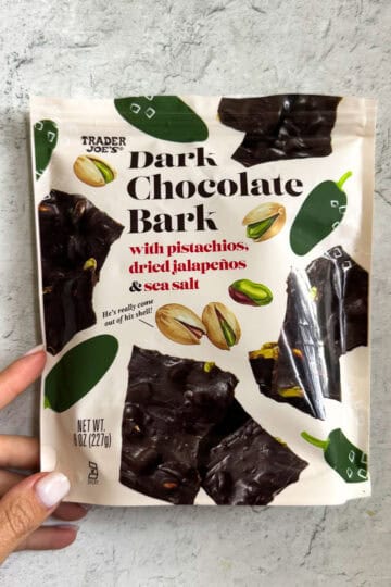 Dark chocolate bark with pistachios, jalapeños, and sea salt from Trader Joe's.
