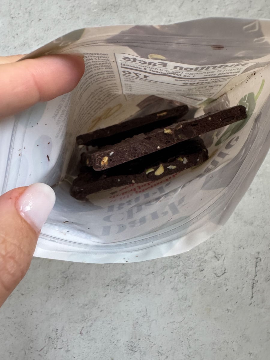 Dark chocolate snack bars inside a Trader Eats package.