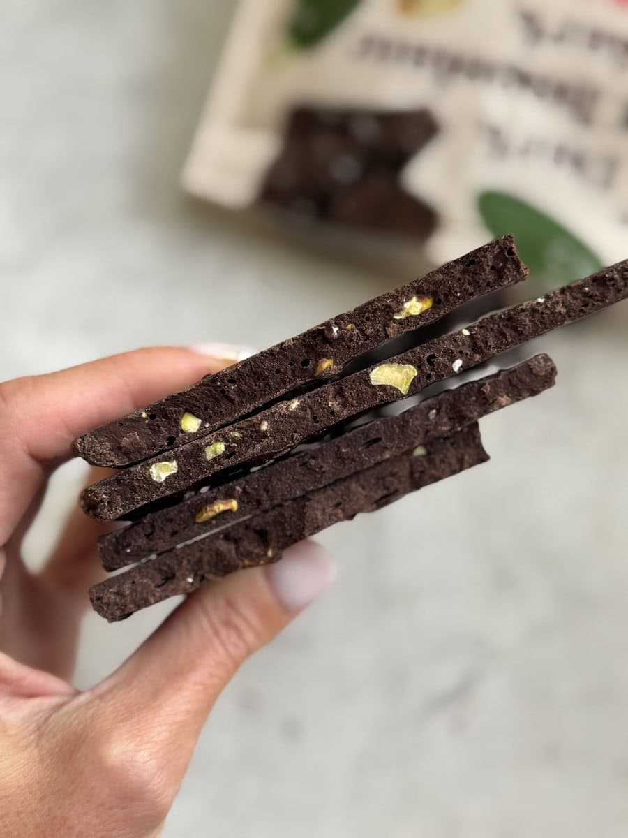 Dark chocolate biscotti with nuts, perfect for snacking or coffee.